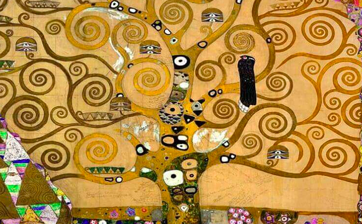 art deco painting of a tree with curling branches on a golden backdrop