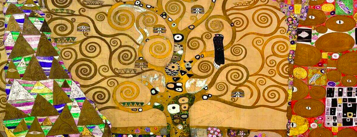 art deco painting of a tree with curling branches on a golden backdrop