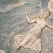Painting of a blonde woman in a gown floating amongst the stars while a moon shines behind her