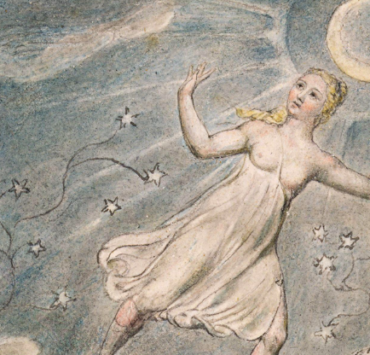Painting of a blonde woman in a gown floating amongst the stars while a moon shines behind her