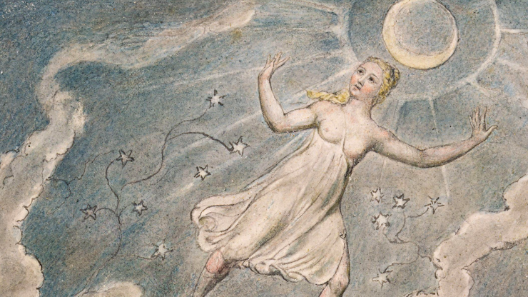 Painting of a blonde woman in a gown floating amongst the stars while a moon shines behind her