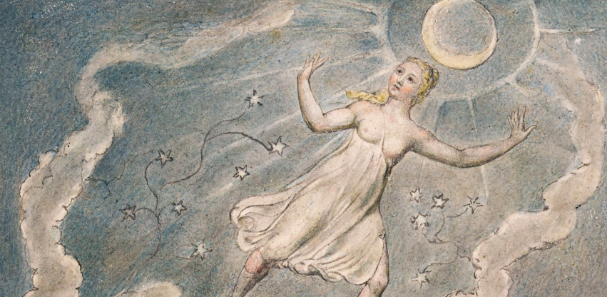 Painting of a blonde woman in a gown floating amongst the stars while a moon shines behind her