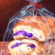 Painting of three ube buns stacked and wrapped in a clear plastic bag