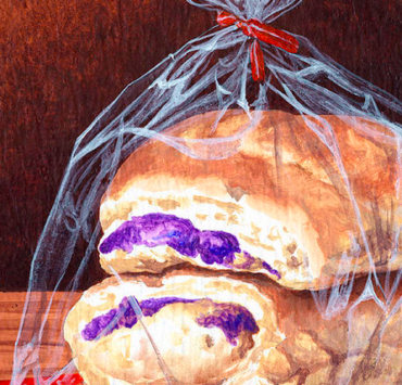 Painting of three ube buns stacked and wrapped in a clear plastic bag