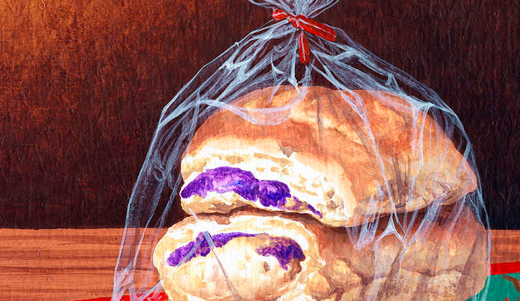 Painting of three ube buns stacked and wrapped in a clear plastic bag