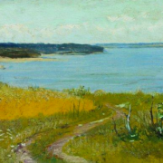 painting of a beach path, the ocean in the distance