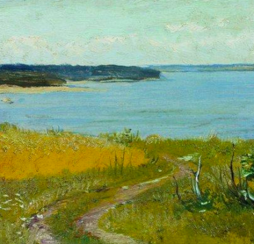 painting of a beach path, the ocean in the distance