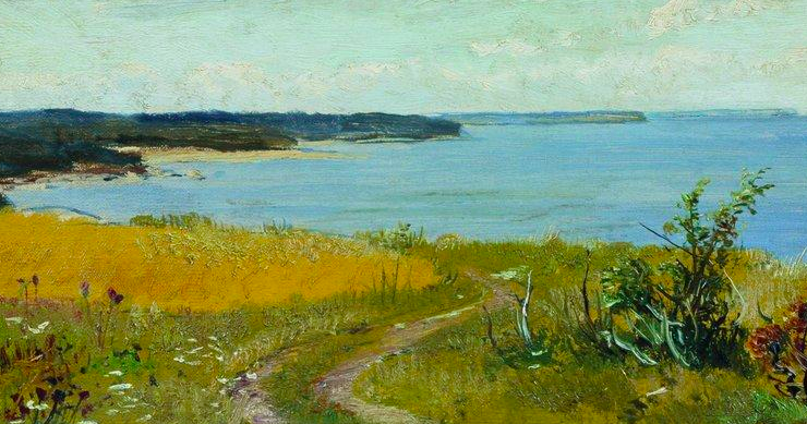 painting of a beach path, the ocean in the distance