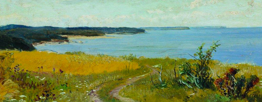painting of a beach path, the ocean in the distance