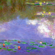 Impressionist painting of a waterlily pond with clouds reflected on it