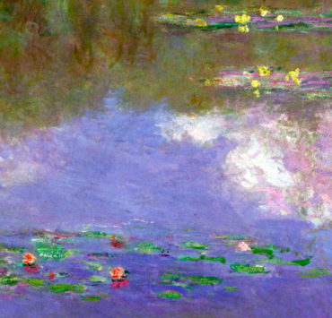 Impressionist painting of a waterlily pond with clouds reflected on it