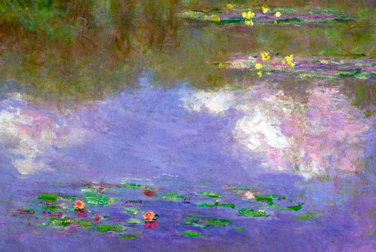 Impressionist painting of a waterlily pond with clouds reflected on it