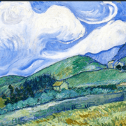 impressionist painting of a green wheat field with mountains and clouds