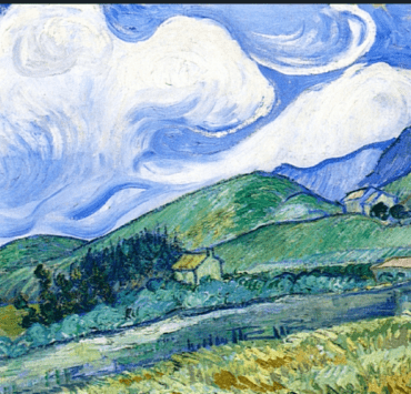 impressionist painting of a green wheat field with mountains and clouds