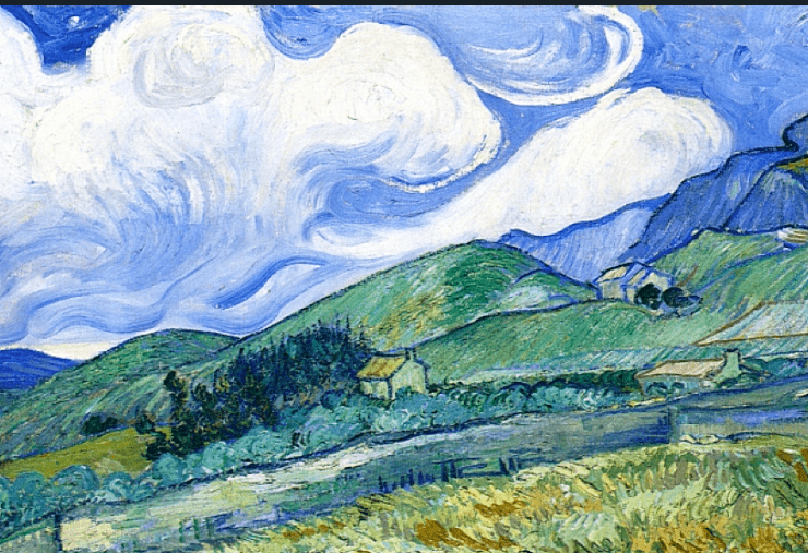 impressionist painting of a green wheat field with mountains and clouds