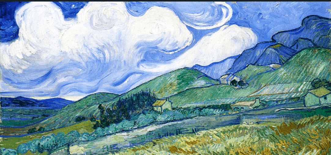 impressionist painting of a green wheat field with mountains and clouds