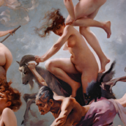 Painting of nude witches flying through the sky among skeletons and demons