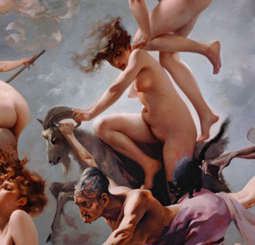 Painting of nude witches flying through the sky among skeletons and demons