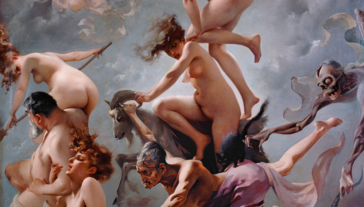 Painting of nude witches flying through the sky among skeletons and demons