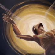 painting of a young man leaning back, he has translucent angel wings and a halo of golden light is behind him