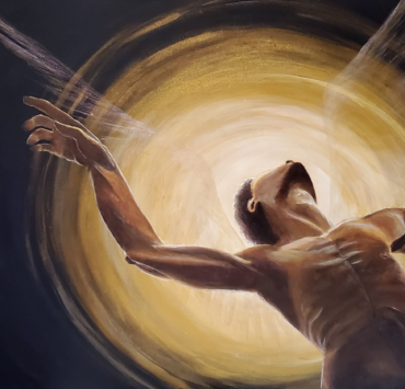 painting of a young man leaning back, he has translucent angel wings and a halo of golden light is behind him