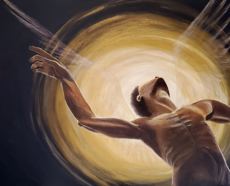 painting of a young man leaning back, he has translucent angel wings and a halo of golden light is behind him