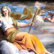 painting of the goddess eos on a cloud, holding a staff in her left hand