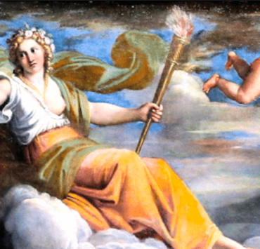 painting of the goddess eos on a cloud, holding a staff in her left hand