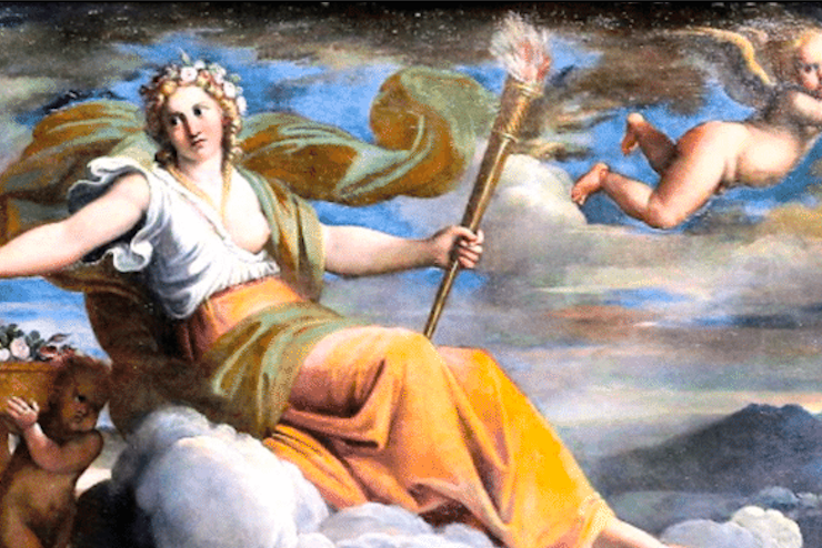 painting of the goddess eos on a cloud, holding a staff in her left hand