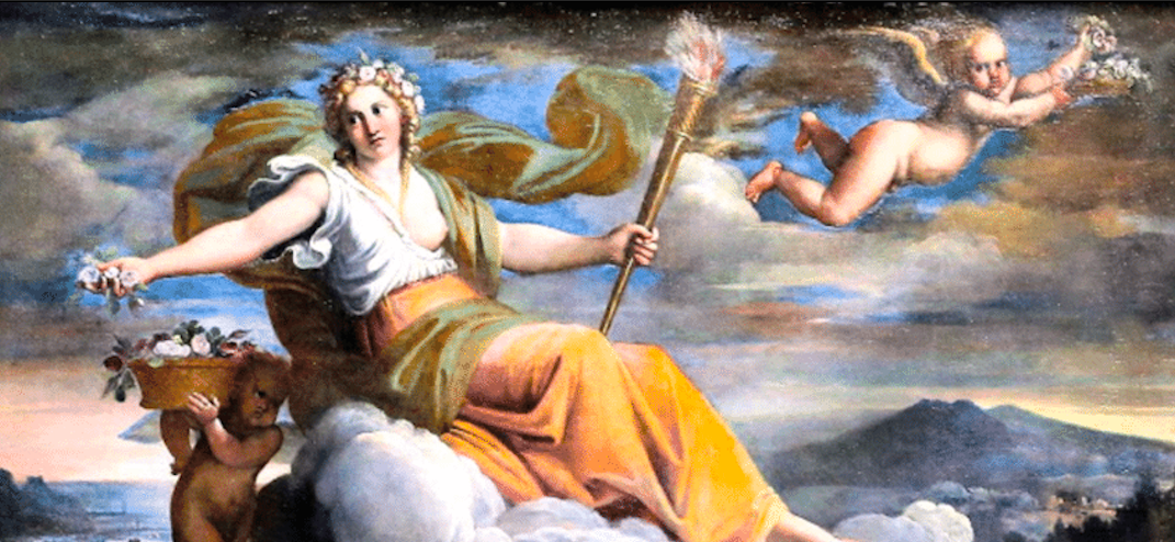 painting of the goddess eos on a cloud, holding a staff in her left hand