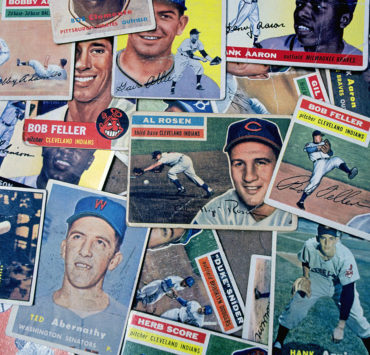 photograph of a scattered selection of vintage baseball cards