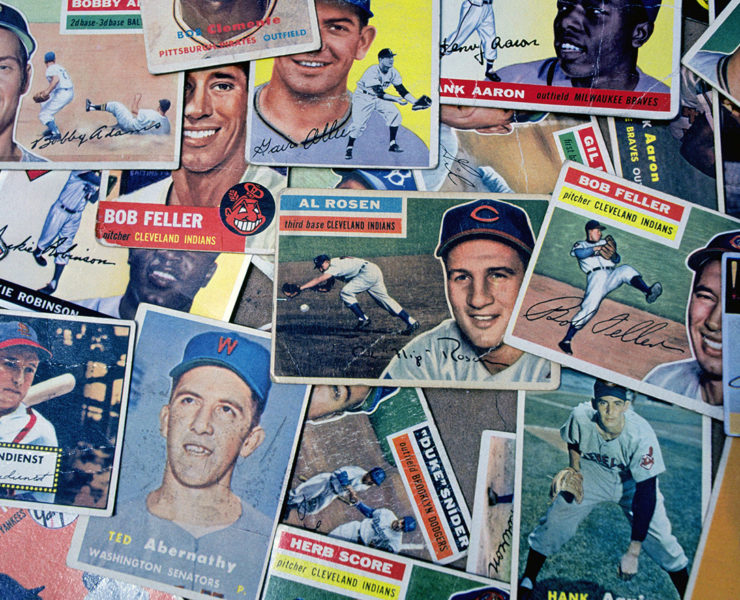 photograph of a scattered selection of vintage baseball cards