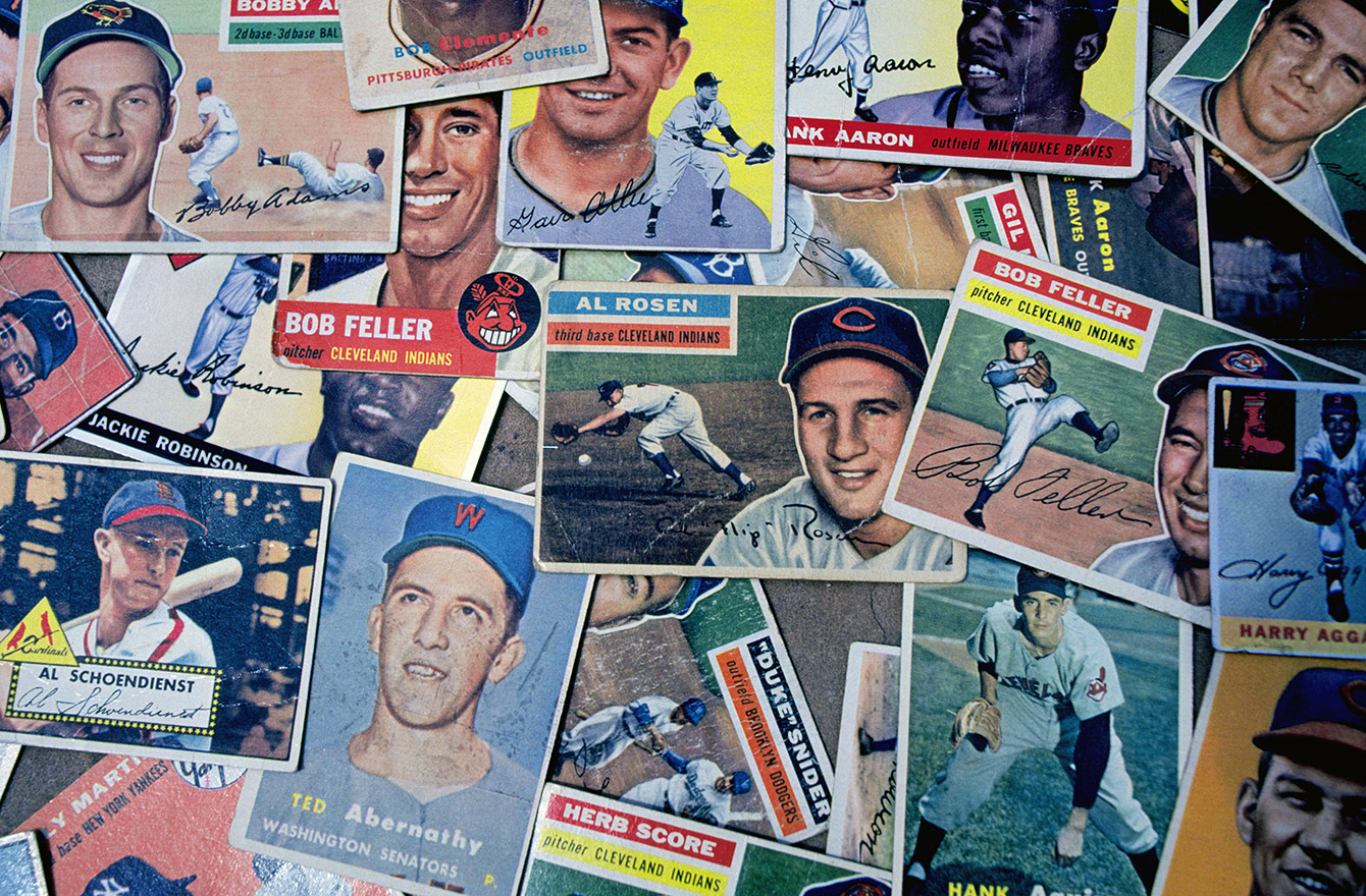 photograph of a scattered selection of vintage baseball cards