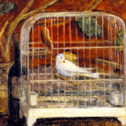painting of a small white bird in a gilded cage which is placed on a desk