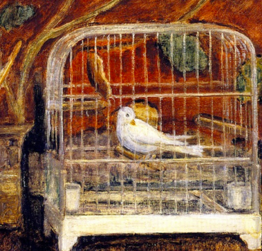painting of a small white bird in a gilded cage which is placed on a desk