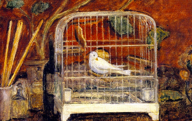 painting of a small white bird in a gilded cage which is placed on a desk