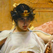 Painting of Cleopatra sitting on her throne with a glare