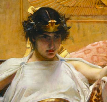 Painting of Cleopatra sitting on her throne with a glare
