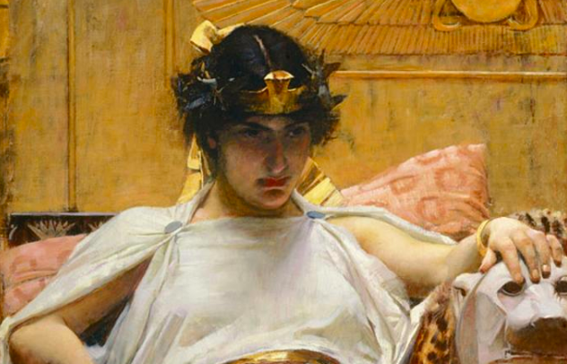 Painting of Cleopatra sitting on her throne with a glare