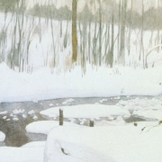 Painting of a creek surrounded by a snowy landscape and bare trees