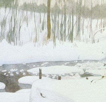 Painting of a creek surrounded by a snowy landscape and bare trees