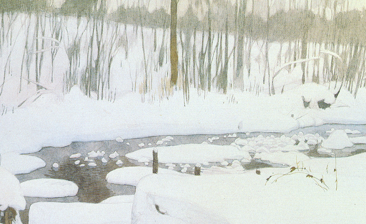 Painting of a creek surrounded by a snowy landscape and bare trees