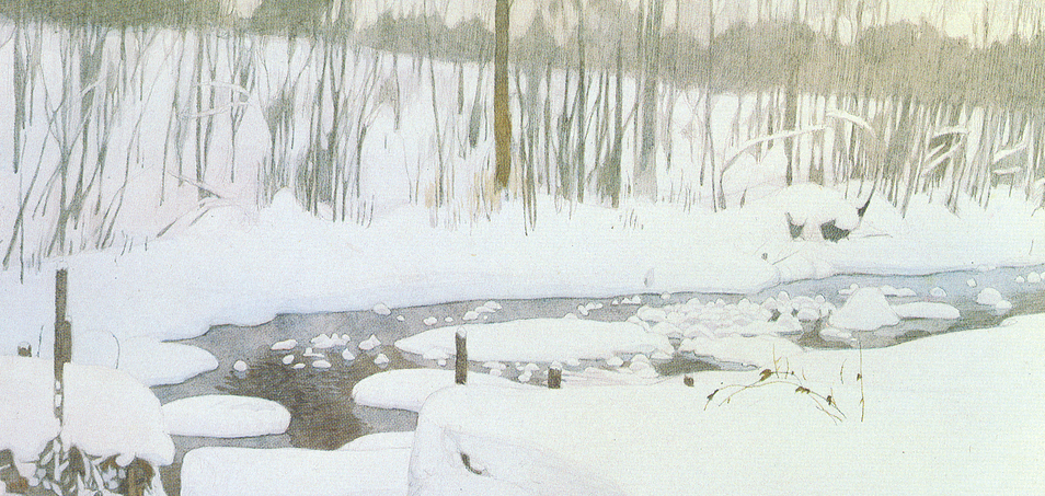 Painting of a creek surrounded by a snowy landscape and bare trees