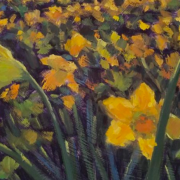 painting of a field of daffodils at sunset
