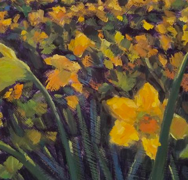 painting of a field of daffodils at sunset
