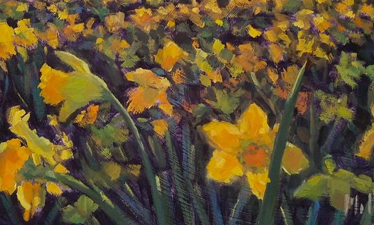 painting of a field of daffodils at sunset
