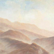 Painting of a mountain range covered in fog