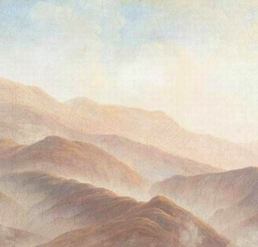 Painting of a mountain range covered in fog