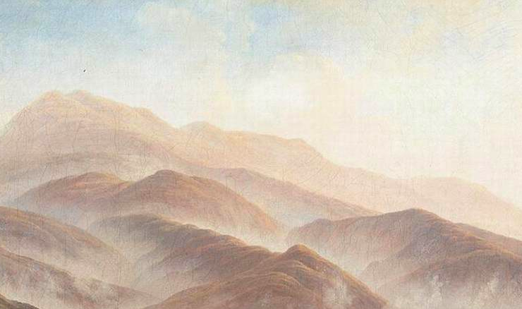Painting of a mountain range covered in fog