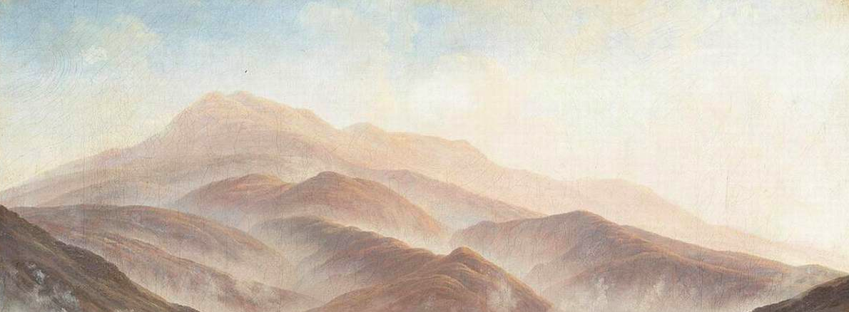Painting of a mountain range covered in fog